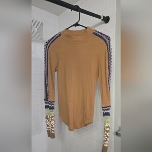 Free People Tan Top with Multicolor Knit Sleeves